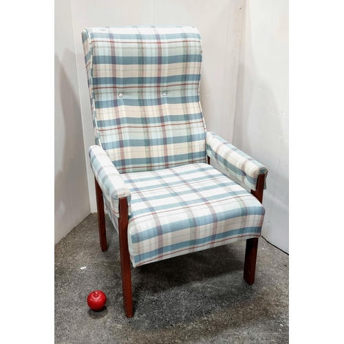 680 - A charming high back armchair with wooden base and red and blue tartan button back upholstery. Its v... 