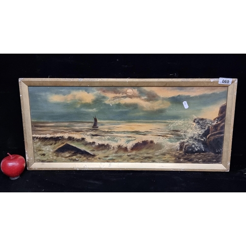 69 - A fabulous original vintage oil on canvas painting of a stormy coastline with lone sailboat in moonl... 