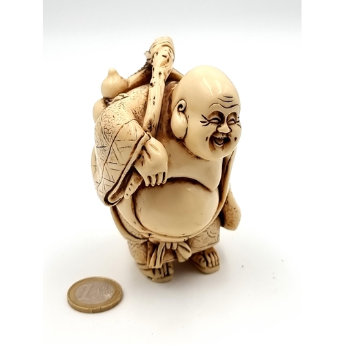 837 - A good size Japanese figure of a rotund gentleman carry several packs and vessels.