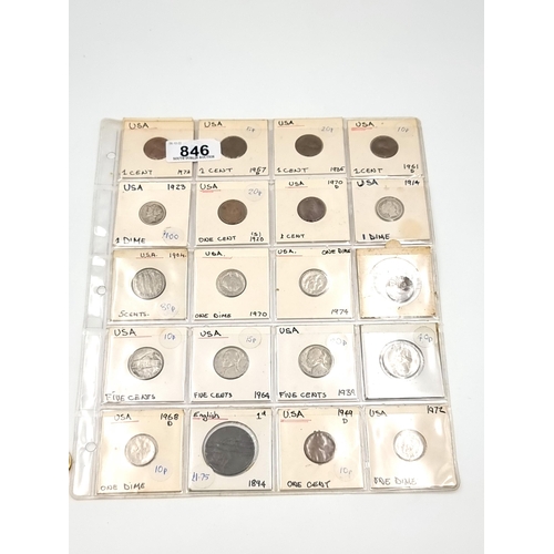 846 - A full sheet of 20 USA Coins inc Silver coins 1914 Dime, 1923 dime, 1939 Nickel etc.