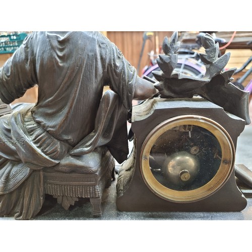 370 - Star Lot An incredible heavy mantle clock made of black slate, green marble and topped with a large ... 