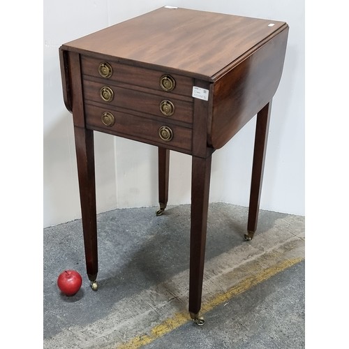 662 - Star lot : A fabulous Victorian mahogany work table with drop leaf sides and three drawers with bras... 