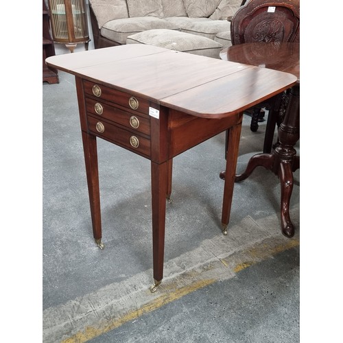 662 - Star lot : A fabulous Victorian mahogany work table with drop leaf sides and three drawers with bras... 