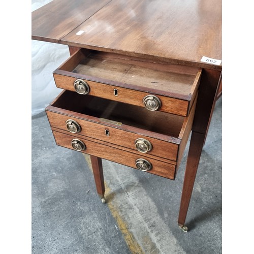 662 - Star lot : A fabulous Victorian mahogany work table with drop leaf sides and three drawers with bras... 