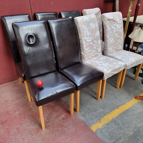 361 - 8 high back dining chairs with brown leather upholstery and tapered legs. Comes with stylish floral ... 