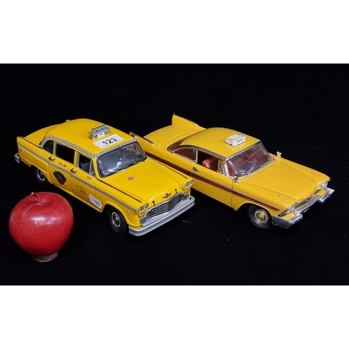 123 - Two large model New York taxi-cab cars. Including a 1981 Checker A11 (1/18) by Sun Star ($162.95 AUD... 