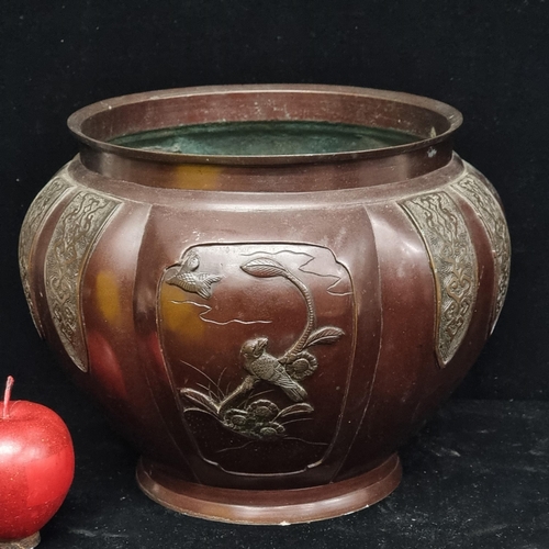 132 - Star lot : A fabulous 19th century  Chinese bronze urn with relief vignettes of swallows bordered by... 