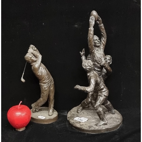 156 - A pair of bronze resin sporting figures including a rugby group figure by Jeanne Rynhart with a seco... 