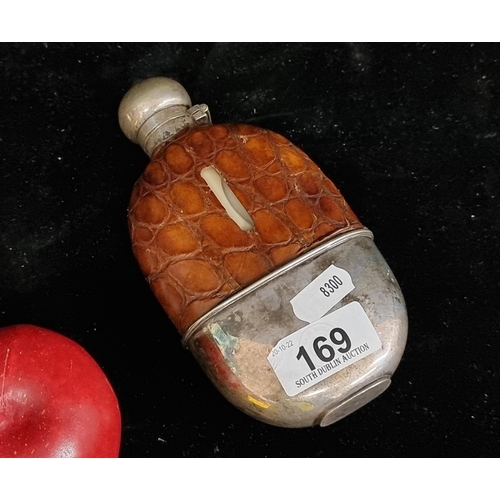 169 - A handsome, Edwardian hipflask with leatherbound glass bottle featuring snakeskin embossing and remo... 