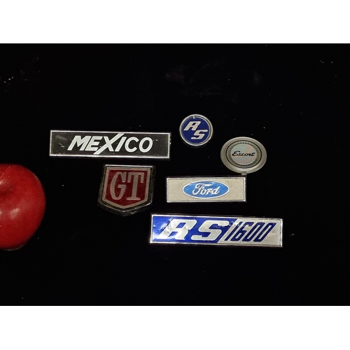 172 - A selection of six Joseph Fray salesman badge samples, including car emblems such as Ford Escort, Fo... 