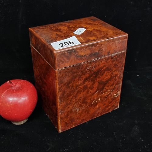 206 - A charming antique burr walnut tea caddy tin lined.