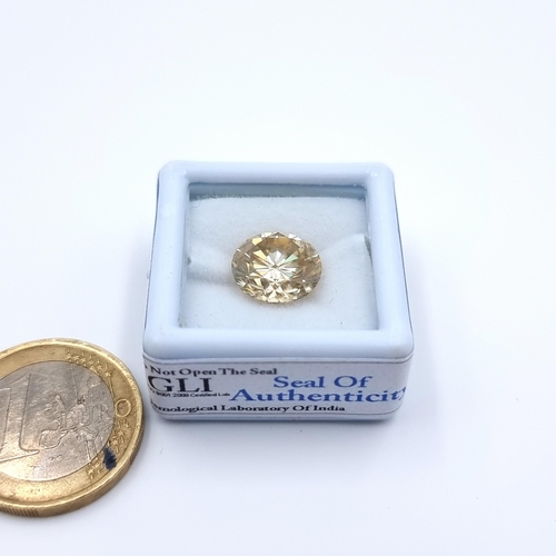 23 - A round brilliant cut gold Moissanite stone, of 4.49 carats. With a fabulous  refractive sparkle. Co... 