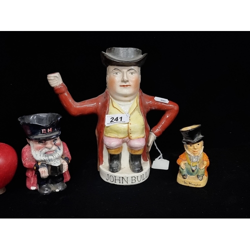 241 - A selection of three antique Toby jugs, including a John Bull teapot and a Friar ware thimble jug. T... 