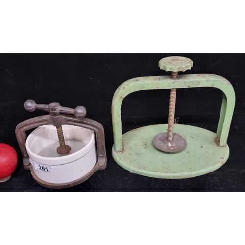 261 - Two great mid-century Tala meat presses. Including one example with original ceramic bowl.