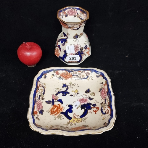 263 - A beautiful Mason's ironstone china vase and dish in the blue mandalay pattern.