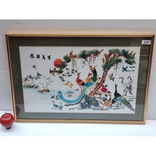 275 - A fantasticly vibrant hand embroidered Chinese artpiece showing showing Asian birdlife inluding phea... 