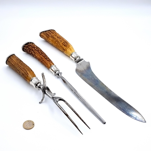 34 - A vintage sterling silver and bone handled three piece carving set. In excellent condition. Hallmark... 