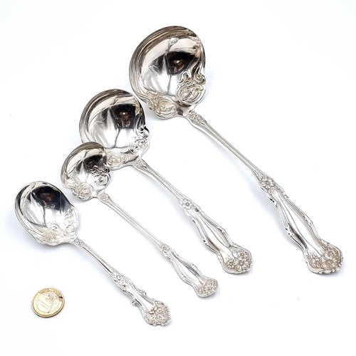 35 - A good collection of silver-plated antique graduating  ladle serving spoons, by the makers William R... 