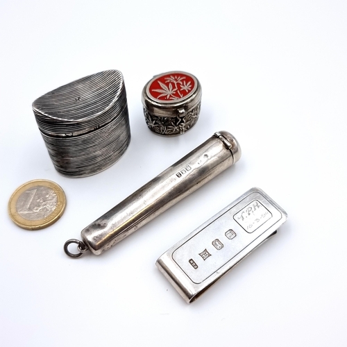 44 - A great collection of four vintage sterling silver items, consisting of two hinged pill boxes, a sil... 