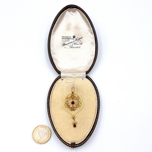 522 - Star lot : A beautiful Art nouveau 9ct Gold drop pendant, set with Amythyst, Garnet and seed Pearls.... 