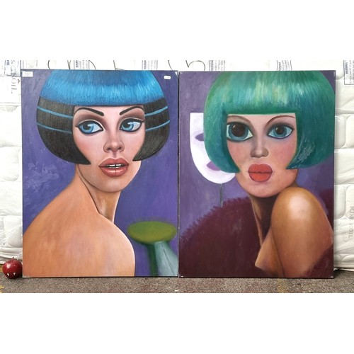 177 - Two striking original oil on canvas paintings featuring femme fatale female figures with neon colour... 