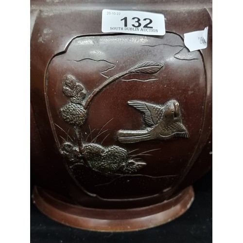 132 - Star lot : A fabulous 19th century  Chinese bronze urn with relief vignettes of swallows bordered by... 