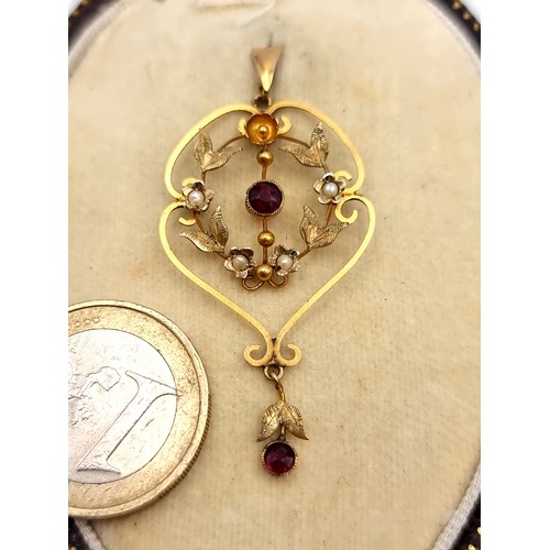 522 - Star lot : A beautiful Art nouveau 9ct Gold drop pendant, set with Amythyst, Garnet and seed Pearls.... 