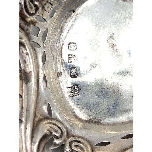 41 - A heart shaped silver Bonbon dish, with stunning intricate lattice foliate motif. Hallmarked Chester... 