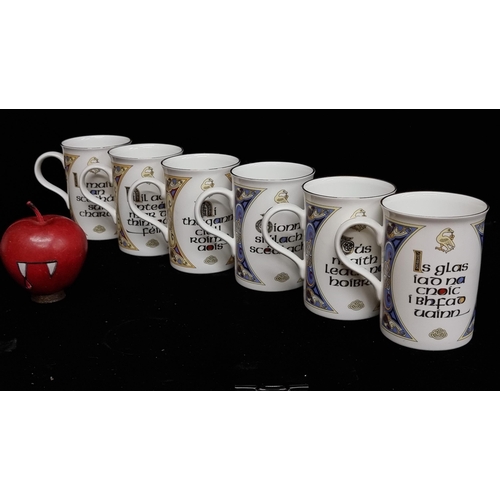 219 - Six mugs made by Royal Tara, each featuring  well known Irish seanfhocail (old sayings).