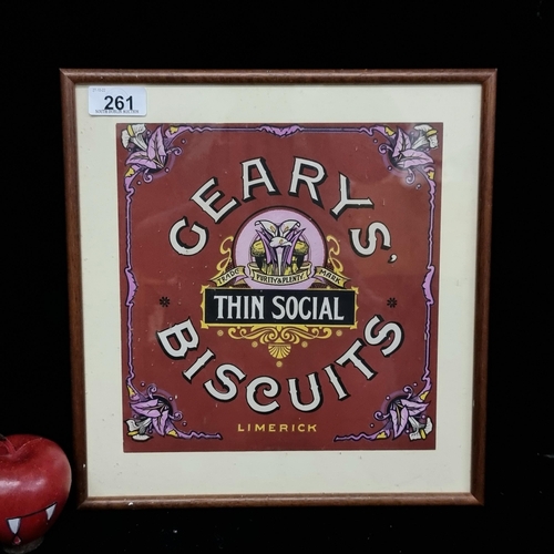 261 - A vintage Gearys' Biscuits Limerick tin label, featuring a floral and scroll motif in shades of maro... 