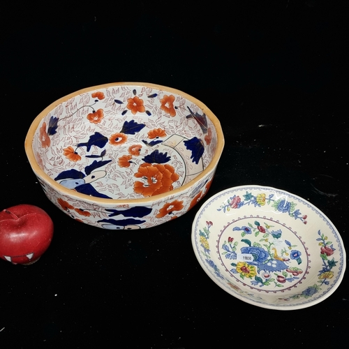 267 - Two Mason's ironstone dishes including an antique very large round bowl with orange and blue floral ... 
