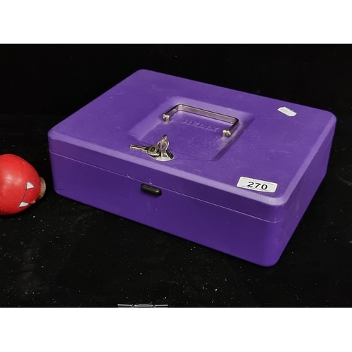 270 - A large Helix secure cash box with key and slotted tray inside for the organisation of coins. In alm... 