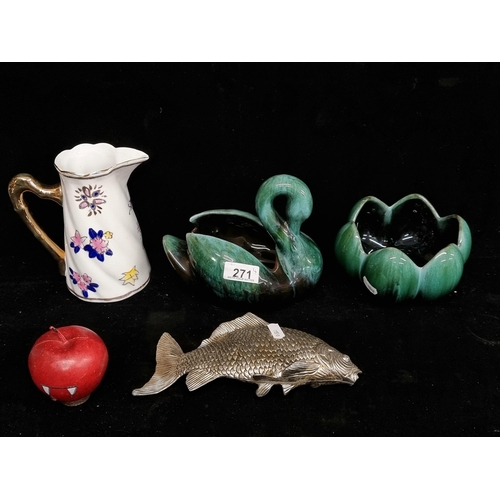 271 - Four items including a cast metal letter holder in the form of a fish, a porcelain hand painted  art... 