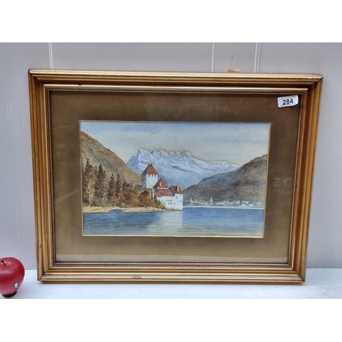 284 - A lovely original watercolour and gouache painting featuring the stunning surroundings of Chillon Ca... 