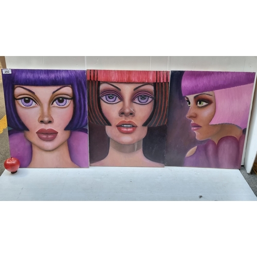 292 - Three fabulous original oil on canvas paintings featuring femme fatale female figures with striking ... 