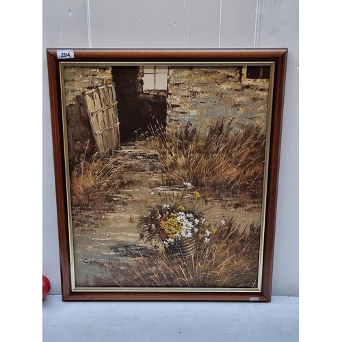 294 - A highly textural oil on canvas painting of a derelict farm building with bucketful of wild flowers ... 
