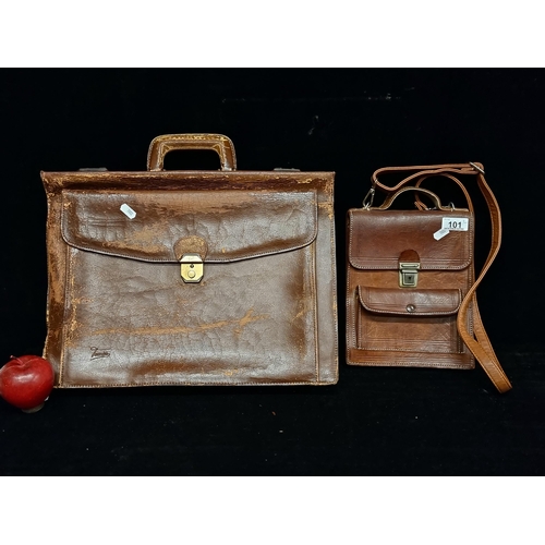 101 - Two genuine leather vintage bags, including a French made attache case by top brand Texier. Along wi... 