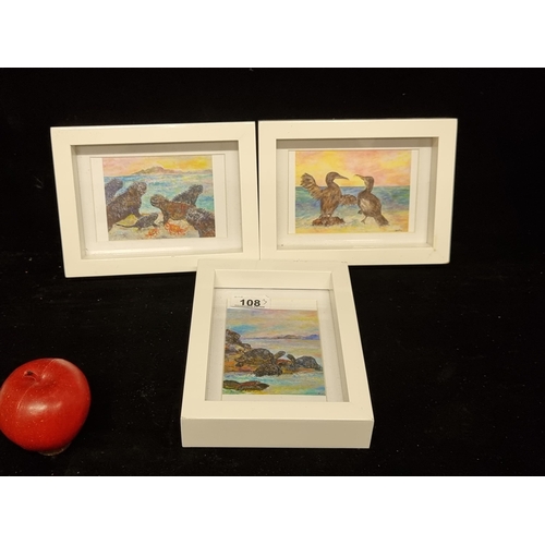 108 - A lovely trio of small prints featuring colourful animal themed scenes, housed in nice minimalist wh... 