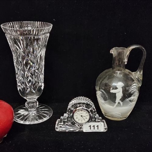 111 - Three classic piece of crystal and glassware, including a Waterford Crystal desk clock with acid mar... 