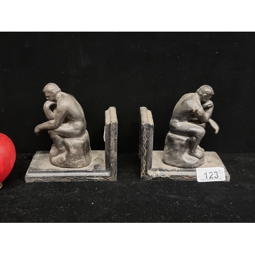 123 - A pair of very heavy cast metal book ends, modelled after Rodin's famous sculpture, 