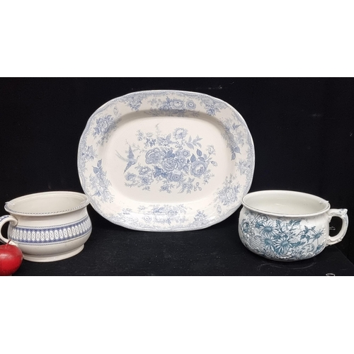 126 - Three antique ceramic items, comprising of two blue and white chamber pots, including one example by... 