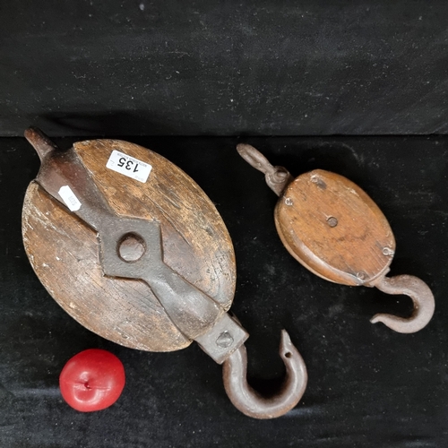 135 - Two antique pulley blocks in wood and cast iron. Including one large example with double shaft. Grea... 
