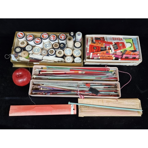 156 - Four boxes of useful and collectable vintage haberdashery, sewing items. Including sewing needles, k... 