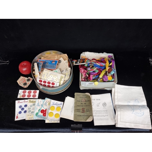 160 - Two boxes of great haberdashery and sewing items including over fifty sets of old new stock embroide... 