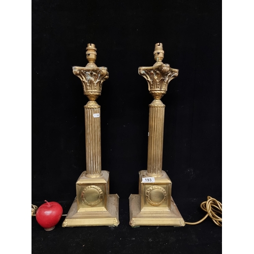 193 - Star Lot : Two tall, extremely heavy vintage brass table lamps, with Corinthian column base. Super e... 