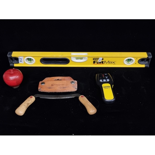 214 - Three items including a Fat Max Stanley spirit level, a Stanley IntelliSensor Plus Stud or joist det... 