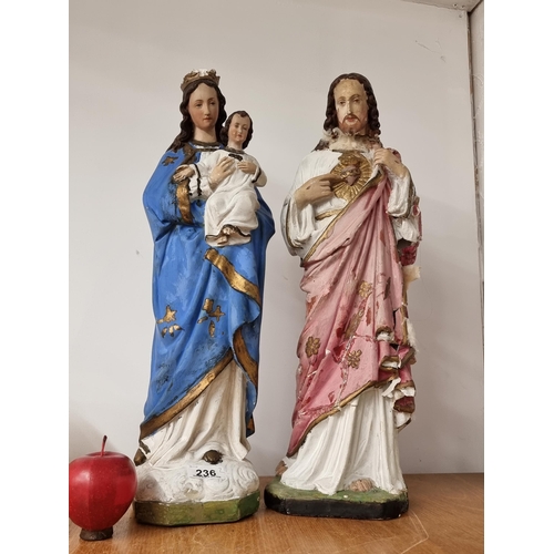 236 - Two vintage plaster cast Roman Catholic figures, including Virgin Mary with child and sacred heart J... 