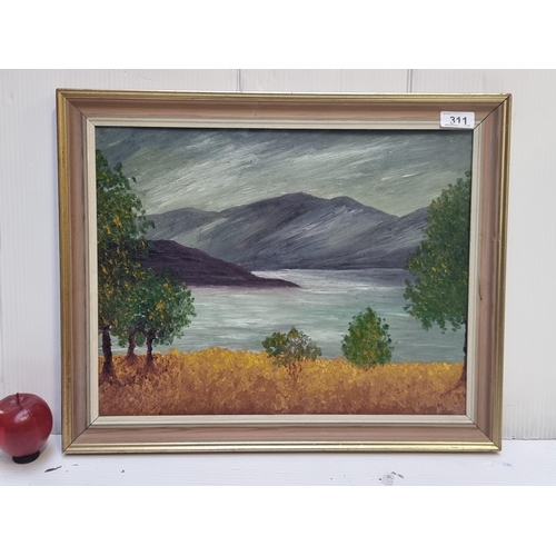 311 - A vibrant original oil on canvas painting showing a gloomy mountainous landscape on an autumnal day.... 