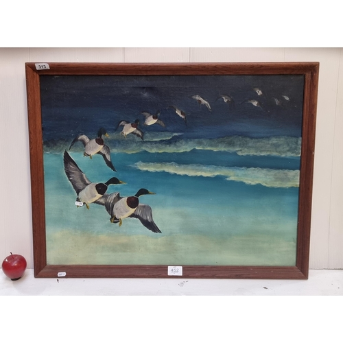 313 - A large vintage original oil on canvas painting of mallard ducks flying in formation. House in woode... 