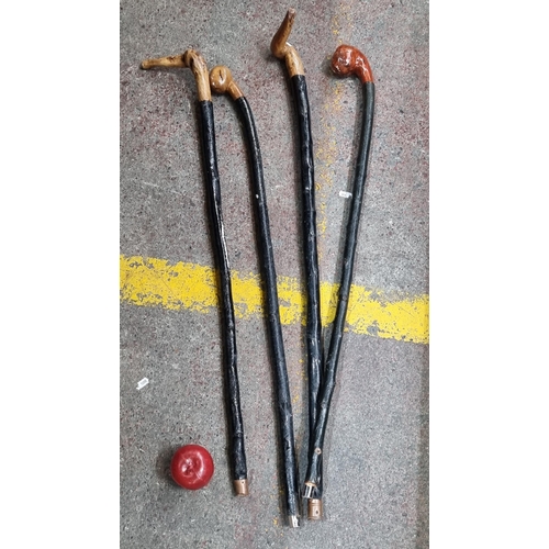 566 - Four handsome ebonised wooden walking sticks, with metal tips and pommels of organic and sculptural ... 